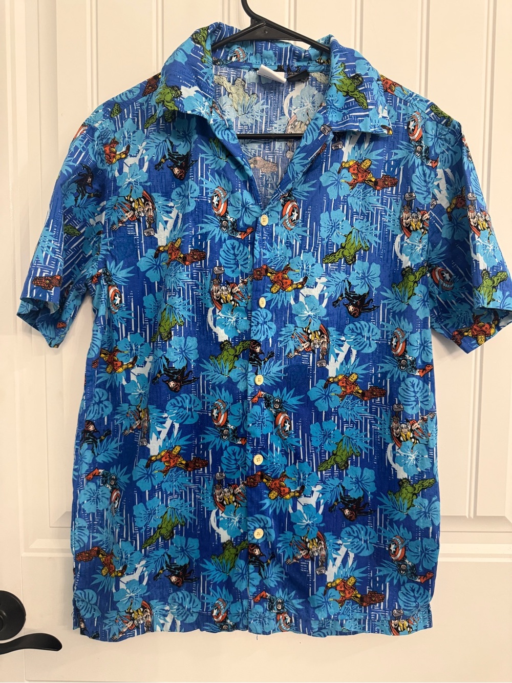 Marvel Hawaiian Shirt Blue Short Sleeve Button Up Men's small.